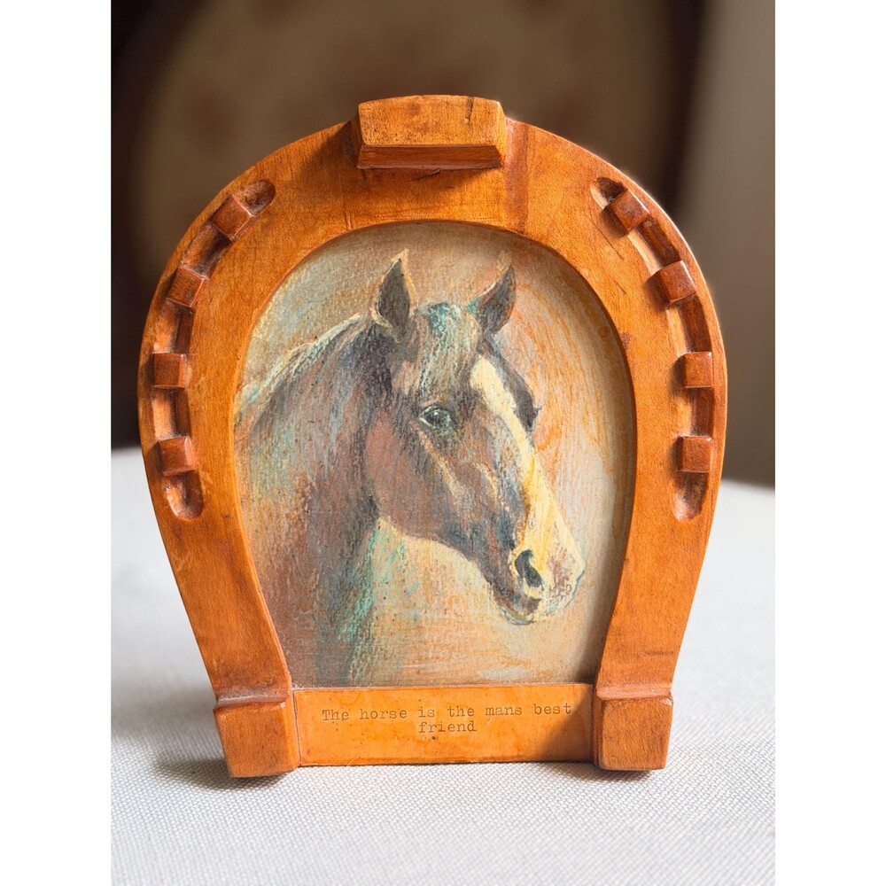 Vintage Wooden Horseshoe Picture Frame, Horse Portrait Folk Art, Western Equestr
